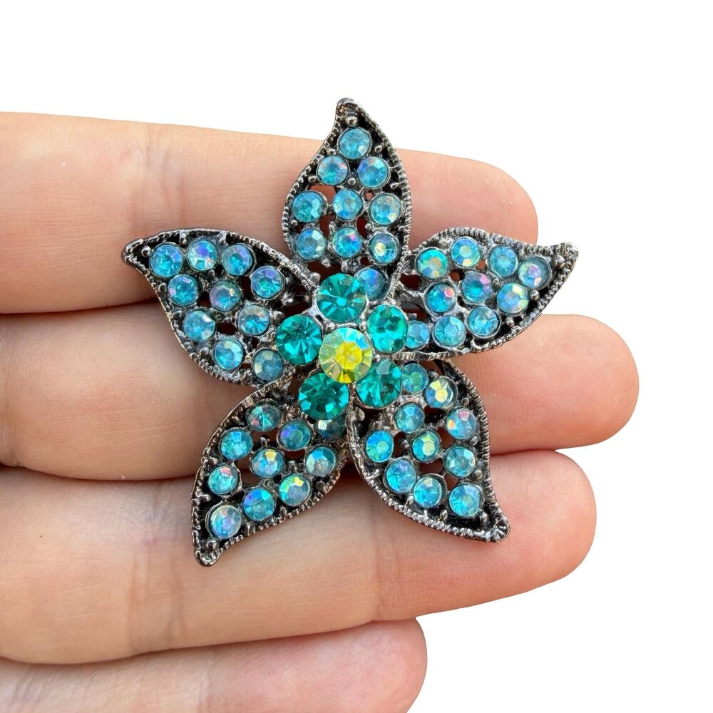 Vintage Jewelry Rhinestone Tropical Flower Brooch Blue Flower Pin